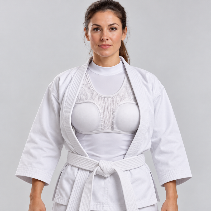 KI-generierte Trageansicht: Erwachsene Karateka mit sichtbarem Brustschutz unter dem Karate-Anzug