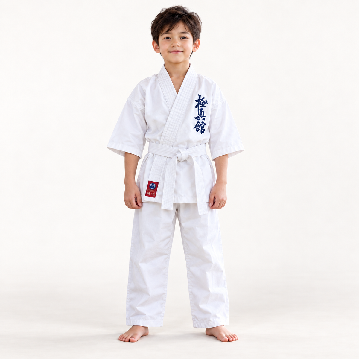 KI-generierte Studio-Trageansicht: Kind im Garyu Kyokushin-Kan Kinder-Karate-Gi