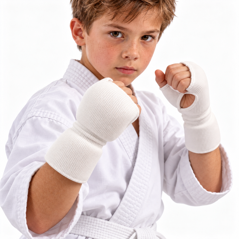 KI-generierte Studio-Trageansicht: Kind mit weissen Karate-Handschonern, Knöchelpolster und separatem Handgelenkpolster
