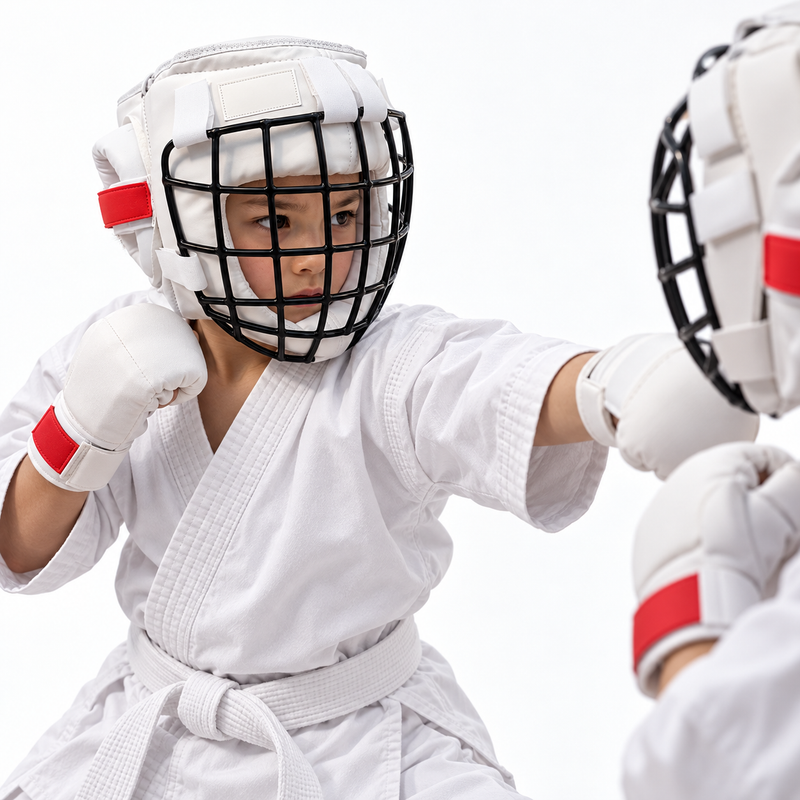 KI-generierte Trainings- und Trageansicht: Kind mit weissem Karate-Kopfschutz und schwarzem Gesichtsgitter